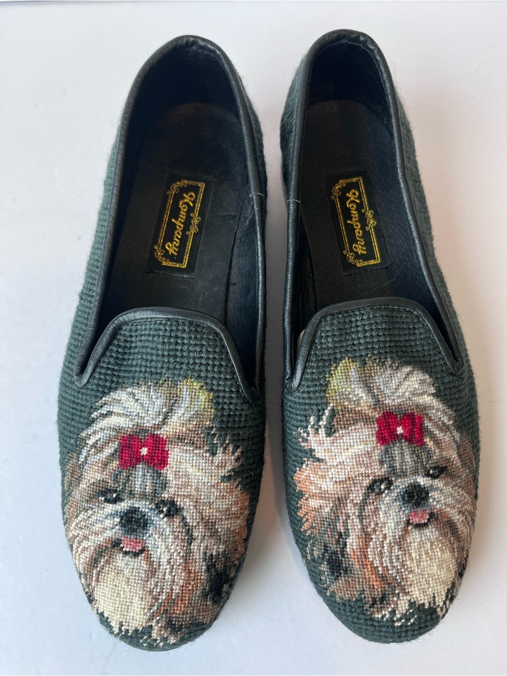 Vintage Needlepoint Yorkshire Terrier Dog Loafers Green Flats
